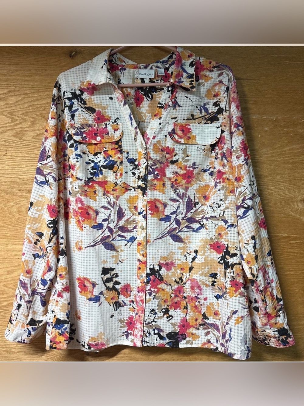 Kim Rogers White Floral Button-Front Shirt - Pink, Yellow, Purple